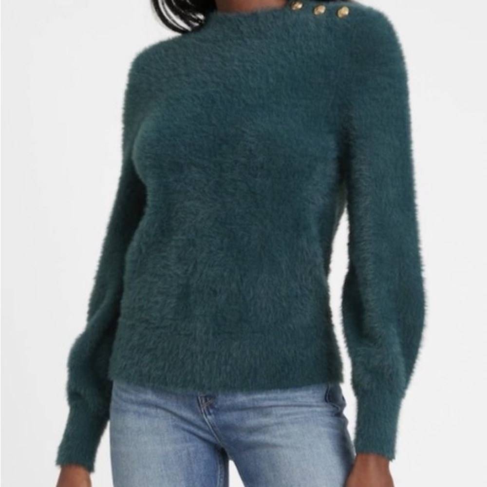 Banana Republic Teal Fuzzy Knit Sweater with Gold Button Detail